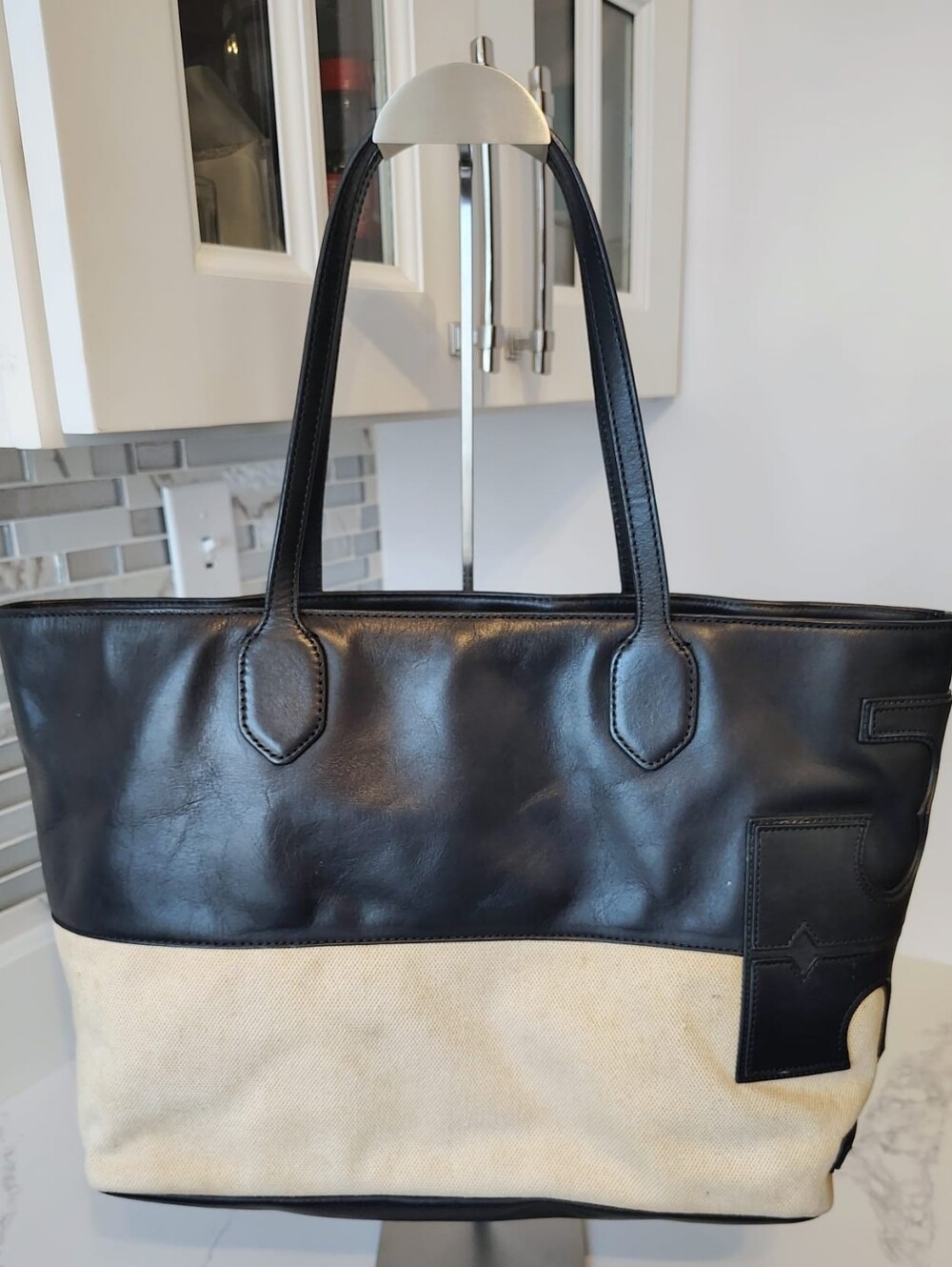 Tory Burch Tote Bag - Canvas/Black Leather-Trimmed - Picture 2 of 16